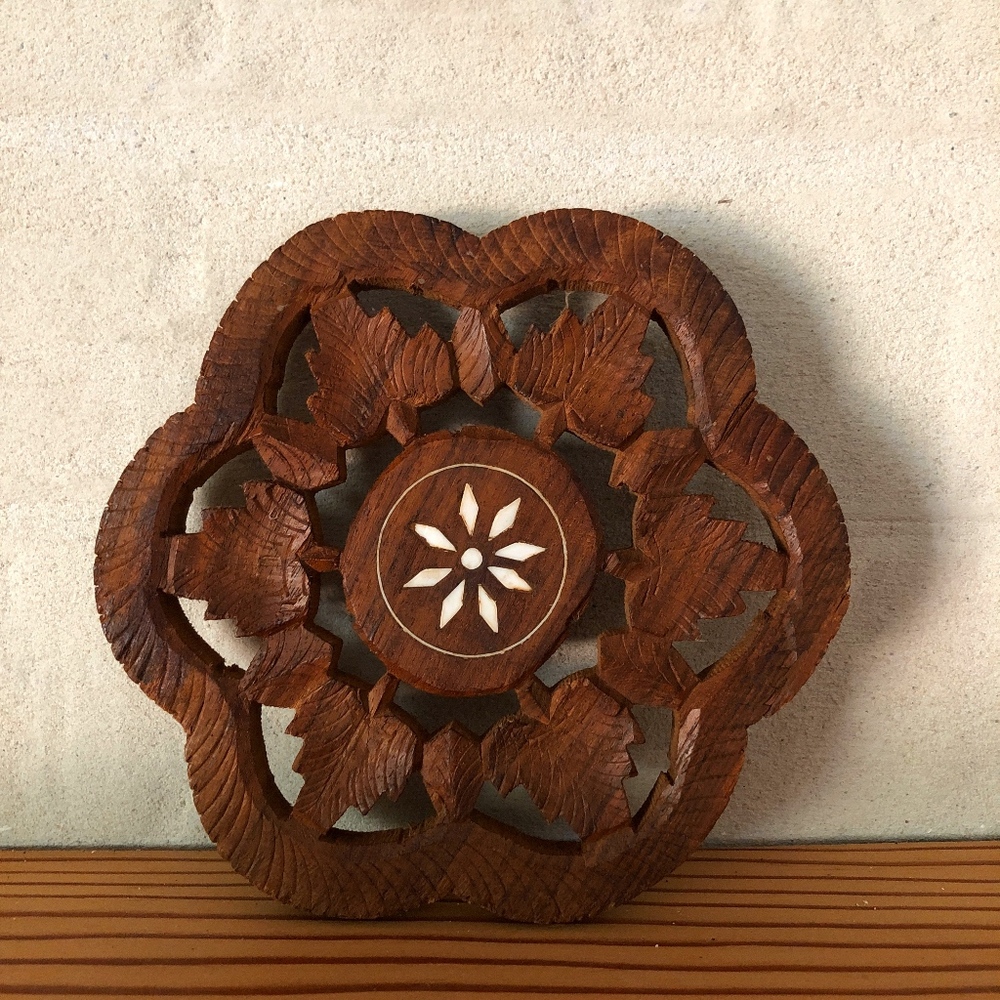 Vintage Handcarved Wooden Trivet with Leaf Detail